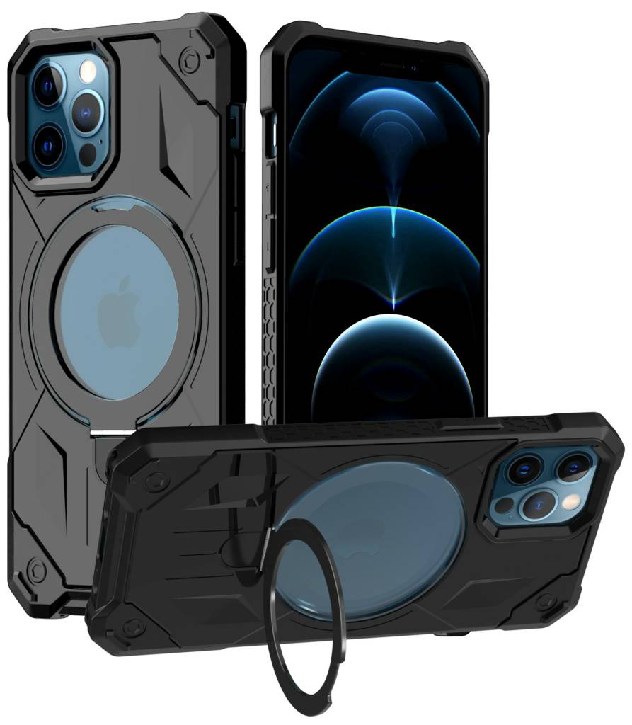 iPhone 12 Pro Max Phone Case with Invisible Built in Stand & Ring Holder-Black